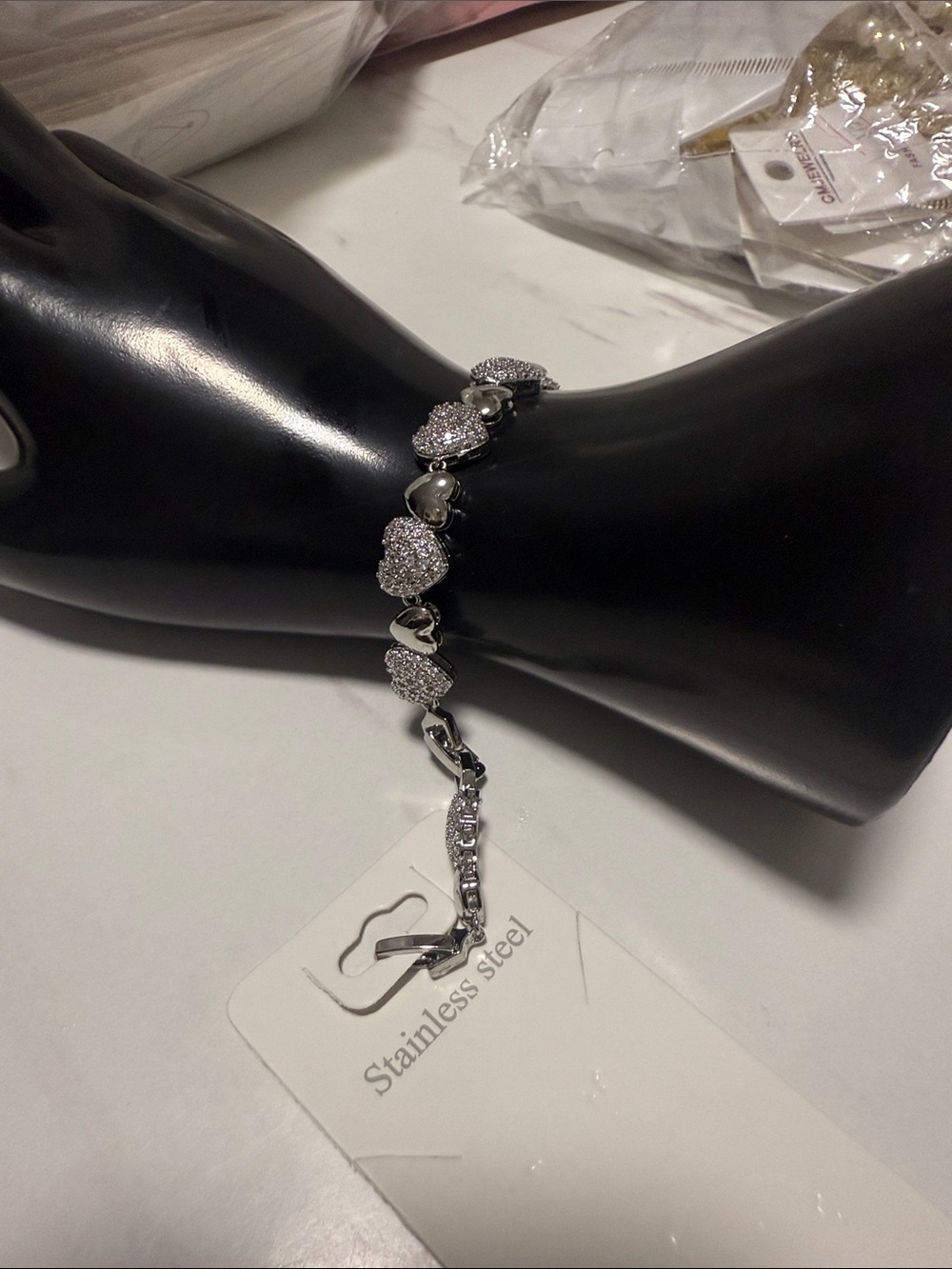 Stainless Steel Heart Link Bracelet with Crystal Accents - Silver